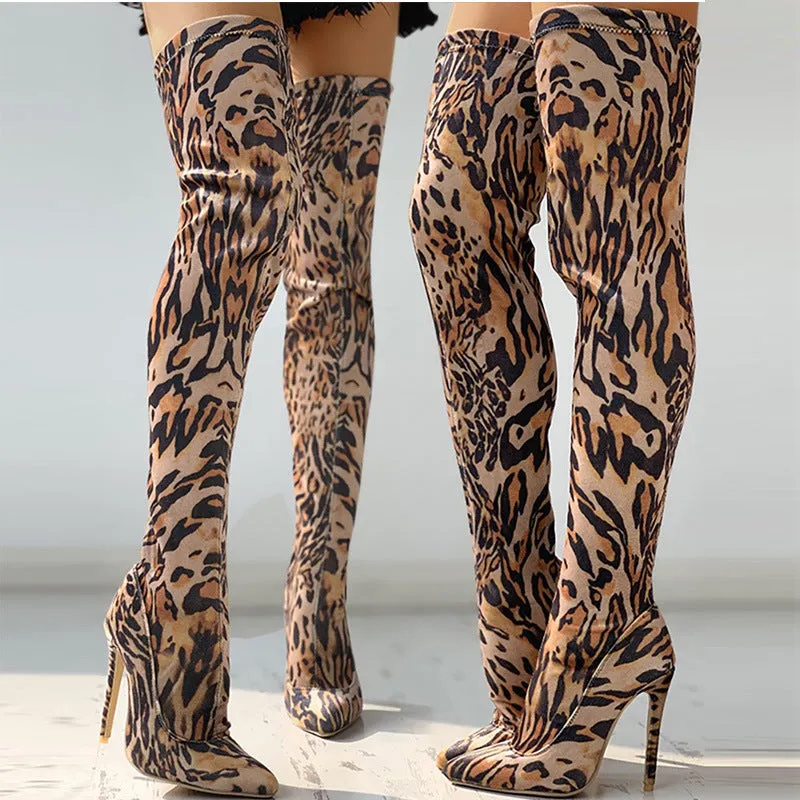 Fashion Leopard Print High Tube Thin High-Heeled Knee Boots