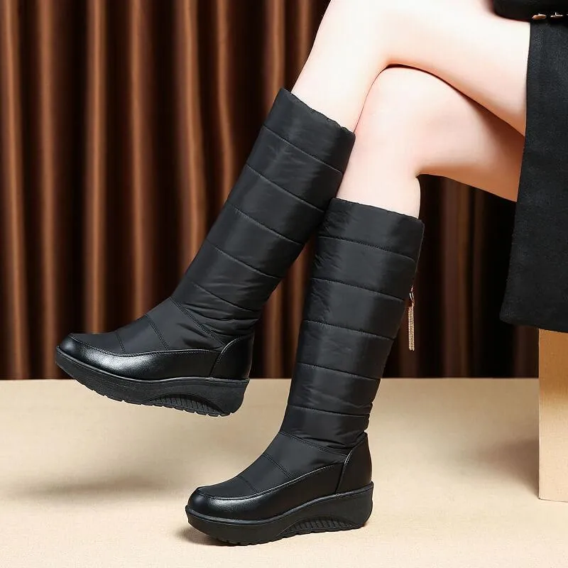 Flat Round Toe Knee High Snow Boots