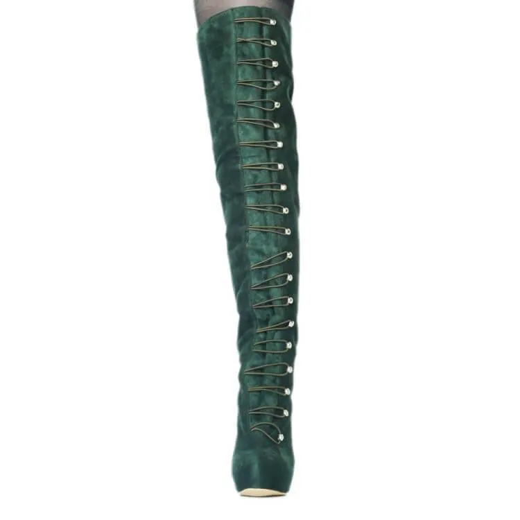 Green Suede Platform Over Knee Boots