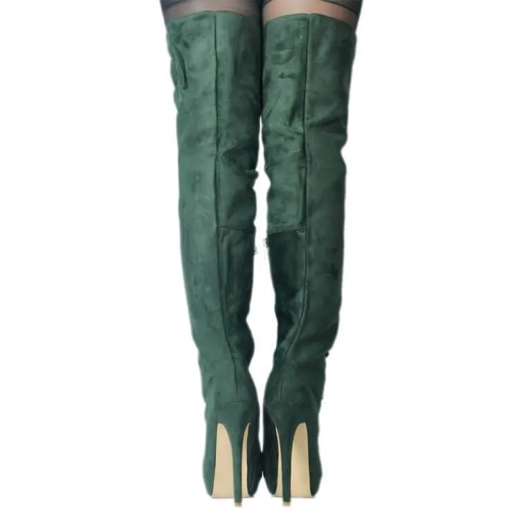 Green Suede Platform Over Knee Boots