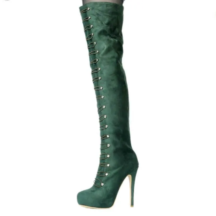 Green Suede Platform Over Knee Boots