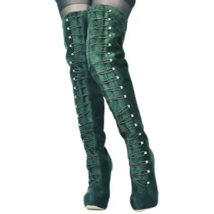 Green Suede Platform Over Knee Boots