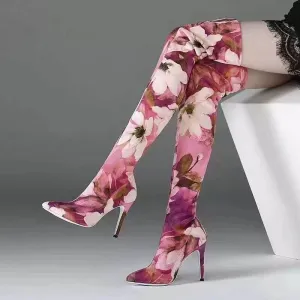 Peep Toe Lace Up Printing Thigh High Boots