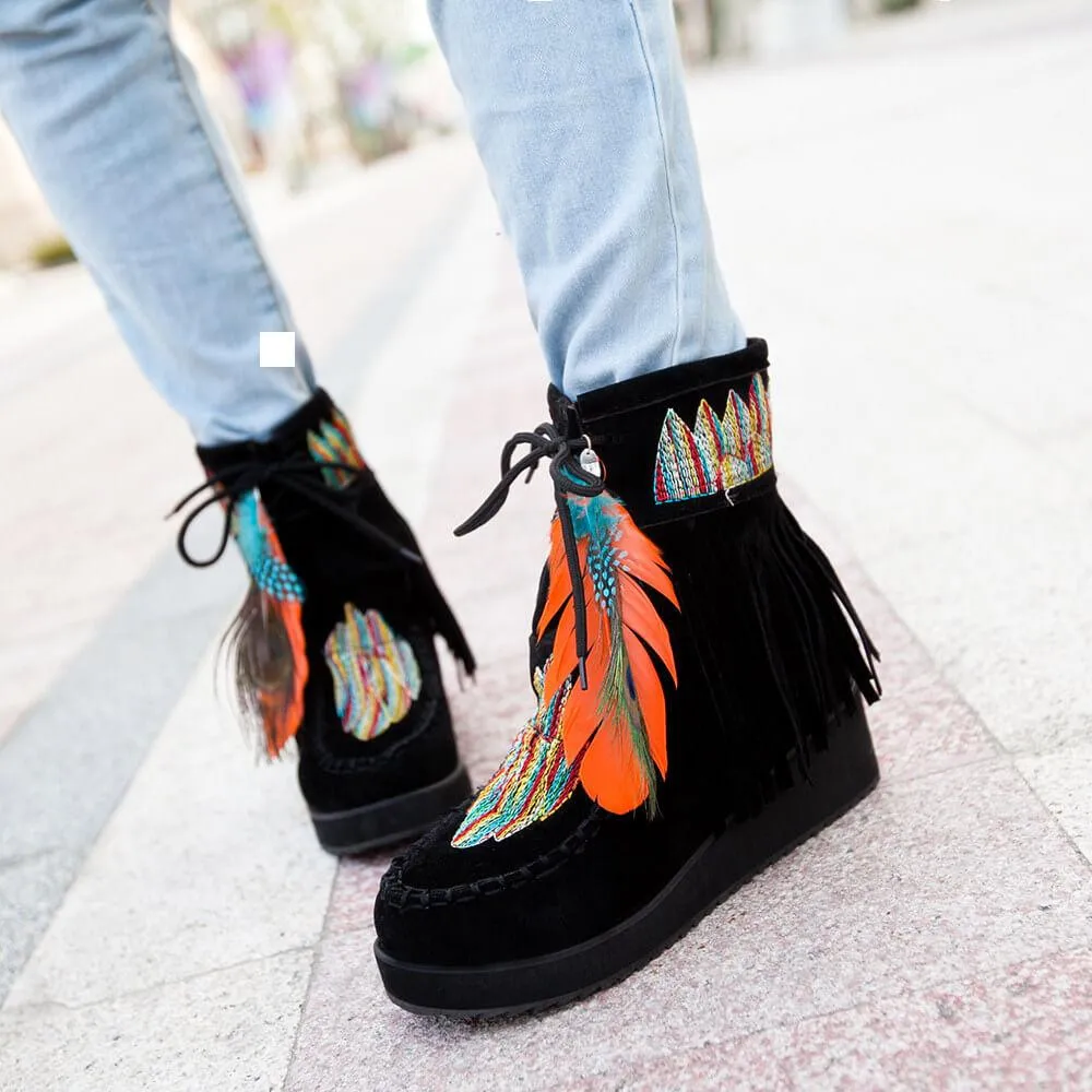 Wedge Suede Embroidery Embellished Ankle Boots