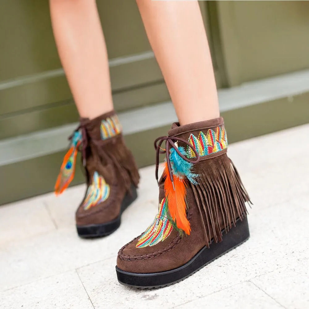 Wedge Suede Embroidery Embellished Ankle Boots