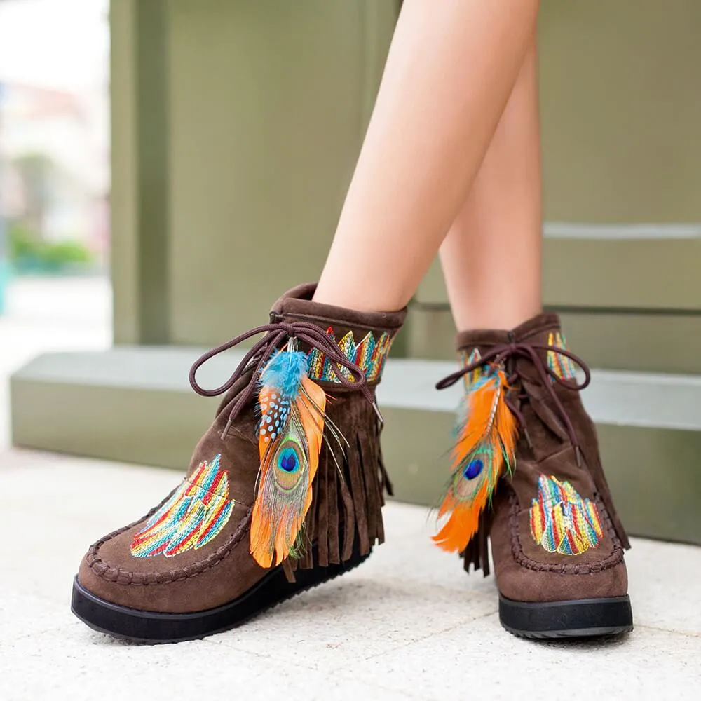 Wedge Suede Embroidery Embellished Ankle Boots